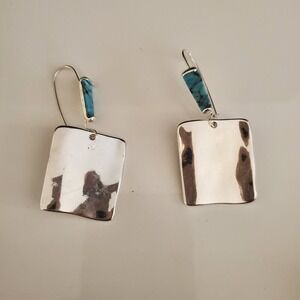RLM SOHO Silver Plate Turquoise Rectangle Drop Earrings Hammered Finish